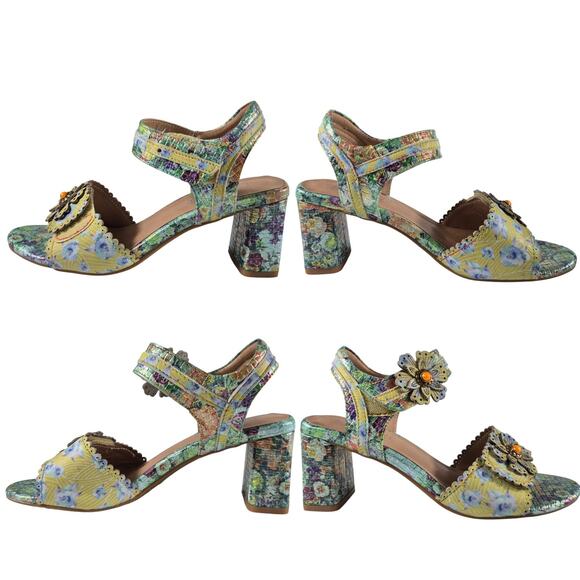 L'Artiste Blue Yellow Green Floral Block Heel Strappy Sandals NEW 39 US 8 1/2 - Picture 1 of 4